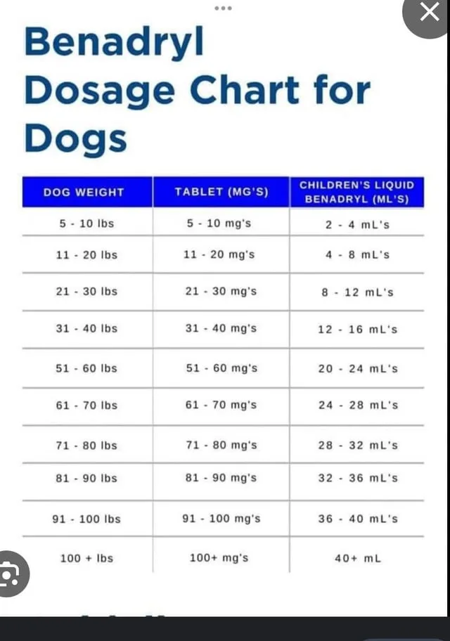 Benadryl dosage chart for dogs by weight